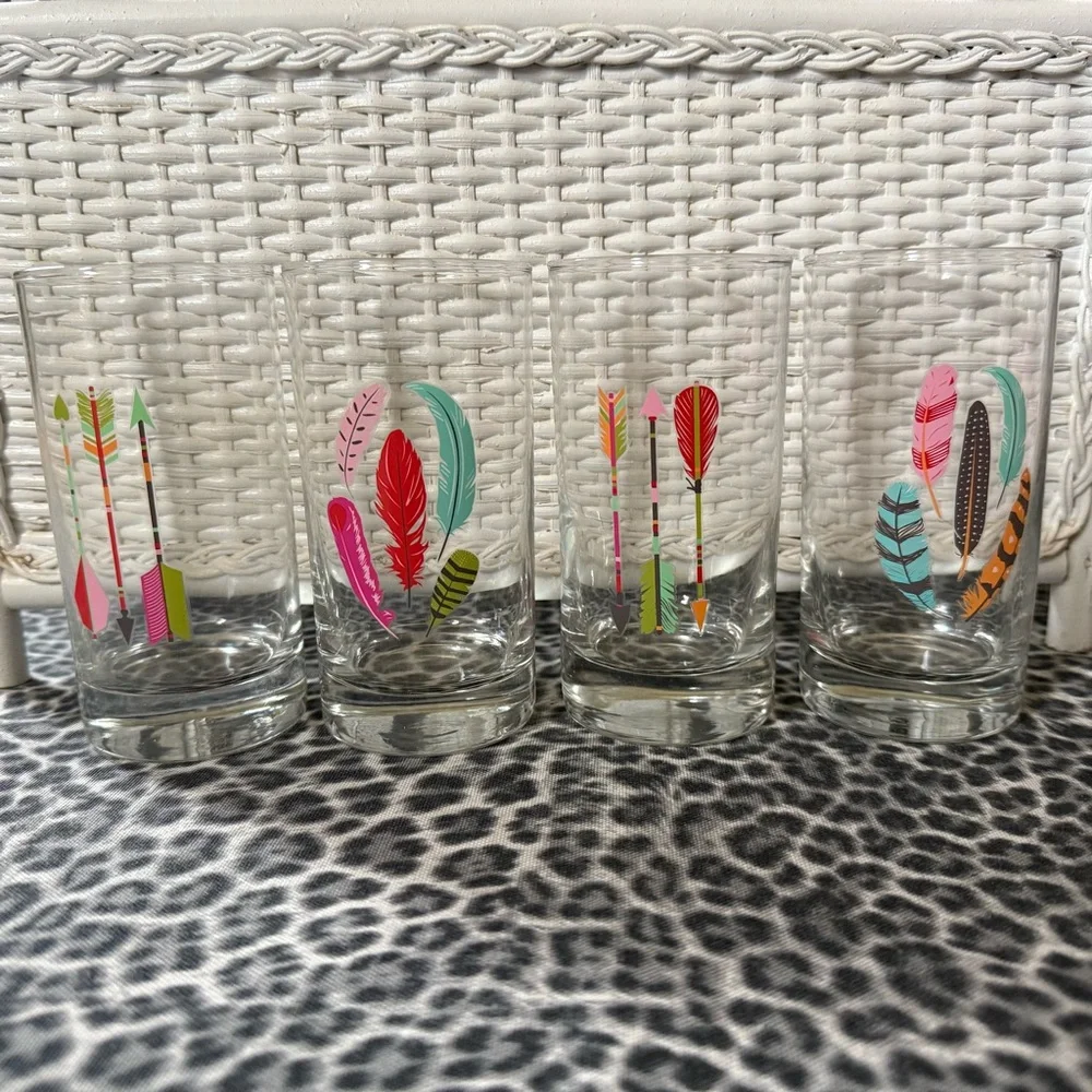 Paper Source Colorful Feather And Arrow 8 oz Glass Set NWT